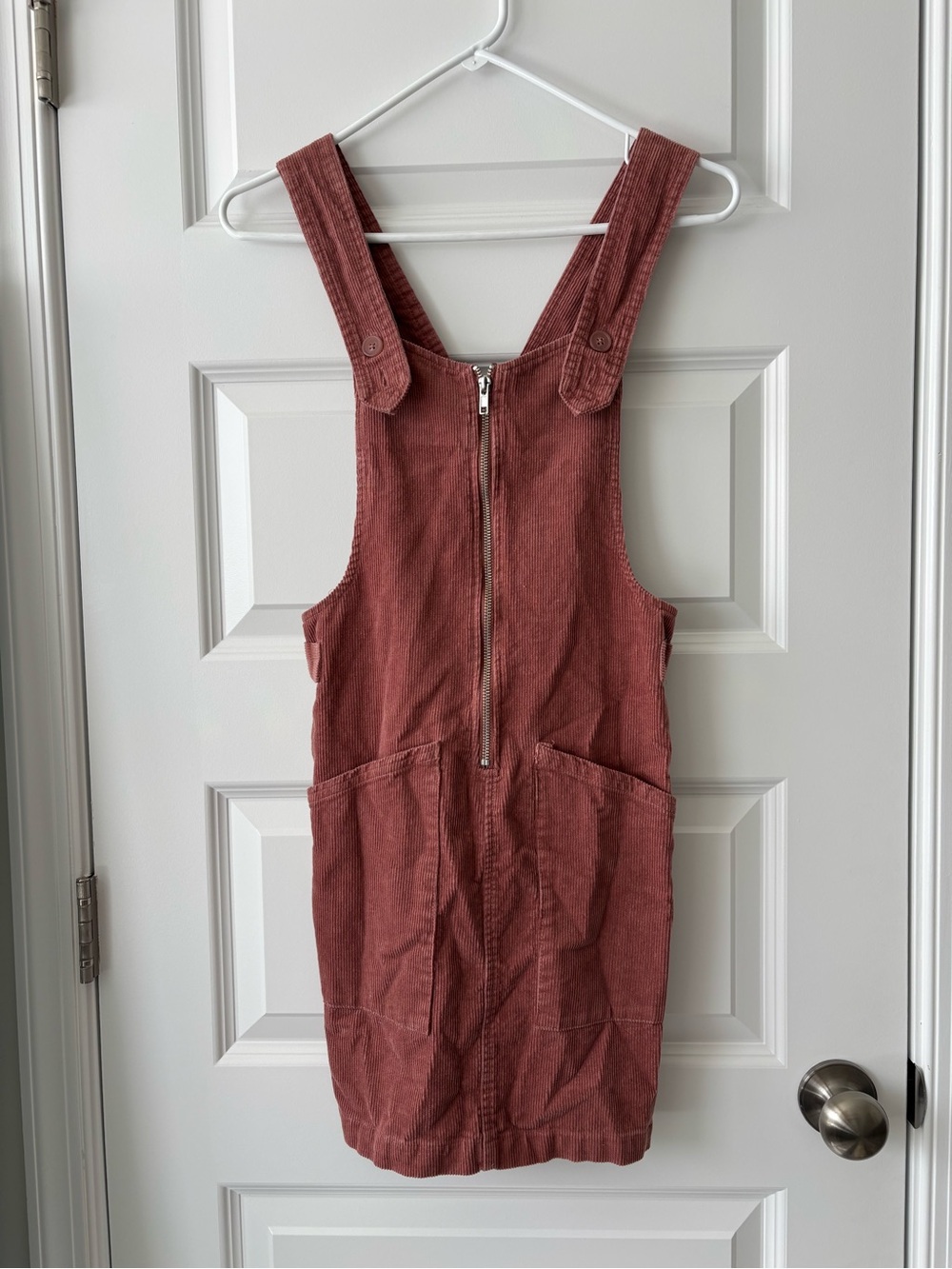 Dusty Rose Corduroy Overall Dress with Front Zipper & Pockets Size XS